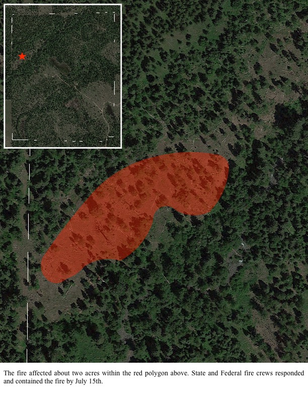 The fire affected about two acres within the red polygon above. State and Federal fire crews responded and contained the fire by July 15th. The fire affected about two acres within the red polygon above. State and Federal fire crews responded and contained the fire by July 15th.